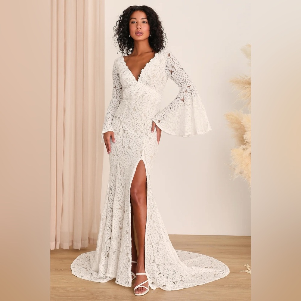 Lulus Duchess Ivory Lace Bell Sleeve Maxi Dress – Size XS